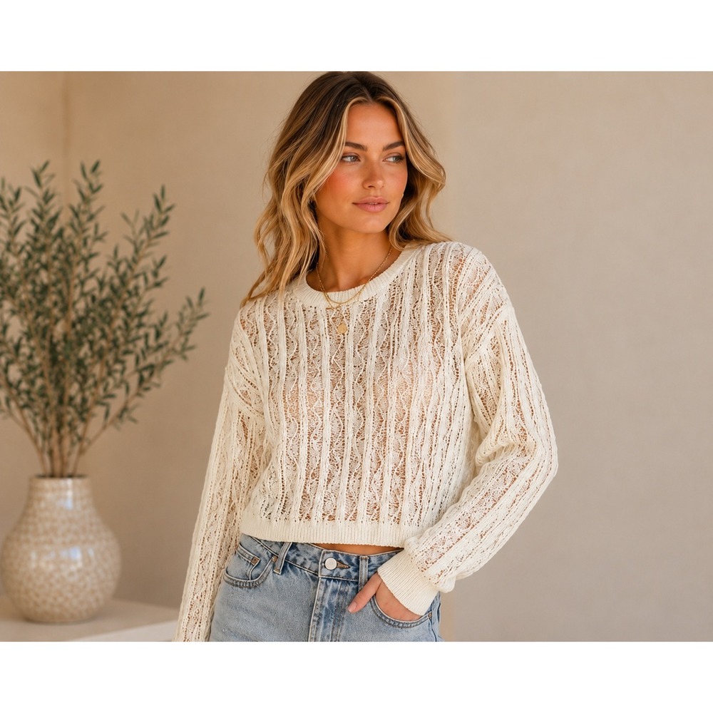 Tuba Butik Cream Open Knit Pointelle Cropped Sweater Women's Std Boho